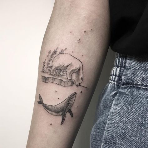 Polar bear and whale tattoo on the right inner forearm Polar Bear Tattoo, Tattoos Masculinas, Cute Animal Tattoos, Whale Tattoo, Inner Forearm Tattoo, Small Forearm Tattoos, Whale Tattoos, Inner Forearm, Bear Tattoos