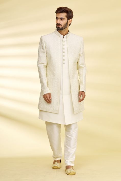 Men's Indowestern, Gents Clothes, White Sherwani, Indian Wedding Suits Men, Men Sherwani, Indian Wedding Clothes For Men, Sherwani For Men Wedding, Embroidered Sherwani, Wedding Kurta For Men