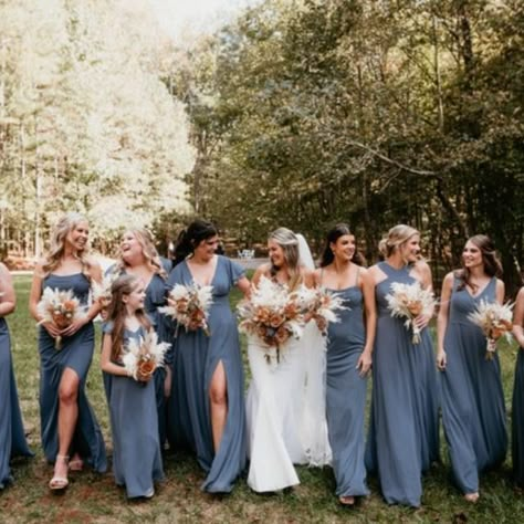 Blue Bridesmaid Dresses Fall, Autumn Wedding Dress Bridesmaid, Fall Wedding Colors October, Slate Blue Bridesmaid Dresses, Blue Fall Wedding, Slate Blue Wedding, Blue Bridesmaids Dresses, Butterfly Pavilion, Boho Florals