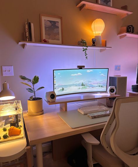 Gaming Set Up Minimalist, Sinks Bathroom Decor, Office Desk Setup Workspace Inspiration, Minimal Gaming Setup Aesthetic, Monitor Setup Aesthetic, Light Academia Gaming Setup, Office Room Decor Ideas, Bathroom Decor Cheap, Bathroom Decor Wall Shelves