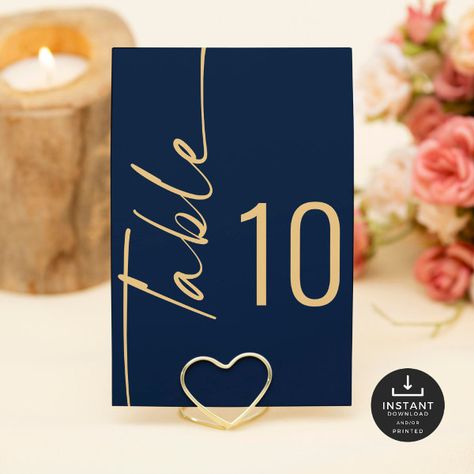 Script Navy Gold Wedding Printable Table Number Blue Wedding Table Numbers, Blue Wedding Table, Navy And Gold Wedding, Navy Gold Wedding, Navy Blue And Gold Wedding, Blue Centerpieces, Printable Table Numbers, Classy Wedding Invitations, Wedding Table Number Cards