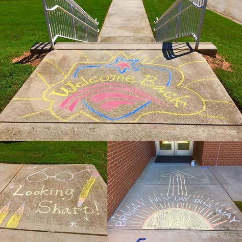 Welcome Back To School Sidewalk Chalk, Welcome Back Chalk Art, Chalk The Walk School, Back To School Chalk The Walk, Welcome Back To School Chalk Art, First Day Of School Sidewalk Chalk Ideas, Back To School Sidewalk Chalk Ideas, Back To School Sidewalk Chalk, Chalk The Walk Ideas Back To School