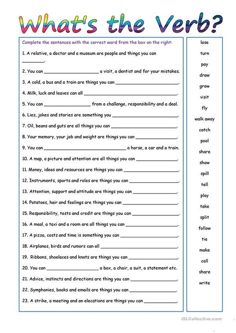 6th Grade Spelling Words, Third Grade Grammar Worksheets, Practice English Grammar, Verbs Worksheet, 6th Grade Worksheets, Verbs List, Prepositional Phrases, English Teaching Materials, Language Worksheets