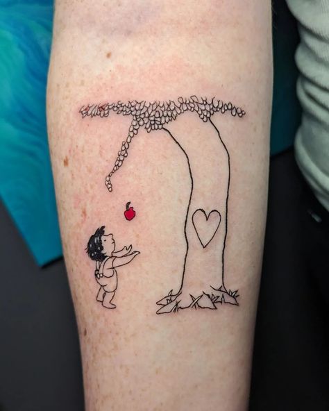 Shel Silverstein's Giving Tree for Tierney! 🍎🌳❤️ Giving Tree Tattoo Shel Silverstein, Truffula Tree Tattoo, Childhood Book Tattoos, Shel Silverstein Tattoo, Buddy Tattoos, The Giving Tree Tattoo, Giving Tree Tattoo, Giving Tree Tattoos, Lamp Aesthetic