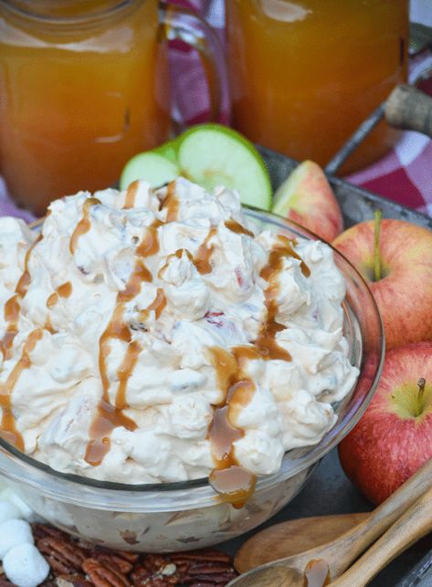 Caramel apple fluff salad is the easiest dessert alternative to all things pumpkin spice. Tart apples are tossed with a creamy but light caramel topping and lots of treat for a fall favorite you are sure to love! Apple Fluff Salad, Caramel Apple Fluff, Marshmallow Salad, Dessert Salad Recipes, Food For Friends, Easiest Dessert, Fluff Salad, Dessert Alternatives, Butterscotch Pudding