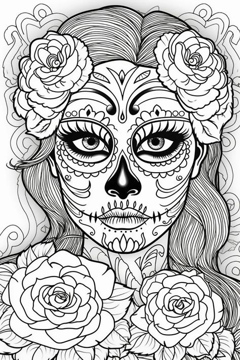 Mexican Coloring Pages, Catrina Drawing, Sugar Skull Drawing, Sugar Skull Artwork, Canvas Art Painting Abstract, Mexican Colors, Skull Coloring Pages, Adult Coloring Books Printables, Adult Colouring Printables