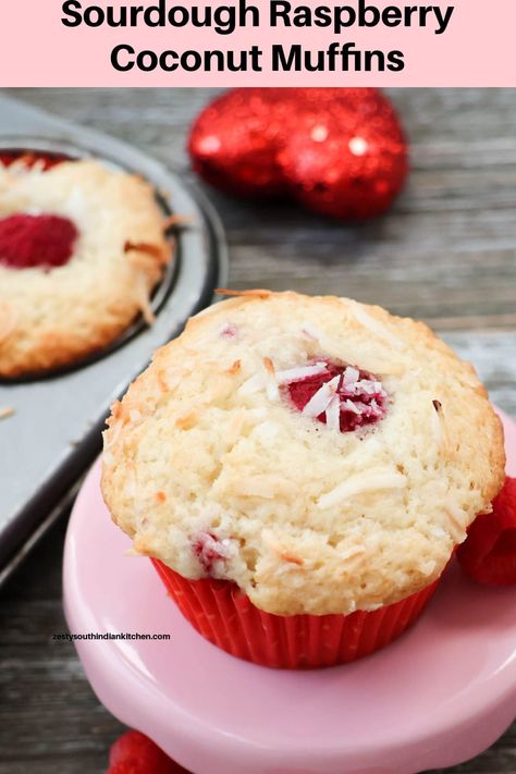 Sourdough Raspberry, South Indian Kitchen, Pear Muffins, Sourdough Muffins, Raspberry Rhubarb, Coconut Muffins, Discard Recipes, Raspberry Muffins, Raspberry Coconut