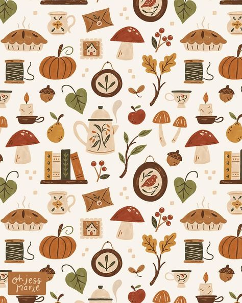 Oh Jess Marie | cozy vintage autumn 🍂🕯️🍐🍄‍🟫 a new pattern now up in my Spoonflower sh🎃p! wanted this to feel like being invited to a sweet lil old home… | Instagram Fall Patterns Wallpapers, Autumn Fall Wallpaper, Book Bujo, Cottage Core Style, Cozy Pattern, Vintage Autumn, Wallpaper Fabric, Autumn Lights, Fall Patterns