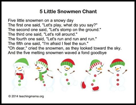 5 Little Snowmen- This targets singing as well as math concepts Winter Songs For Kids, Songs For Preschoolers, Winter Lesson Plan, Winter Theme Preschool, Snowmen Activities, Simple Songs, Circle Time Songs, Kindergarten Songs, Classroom Songs