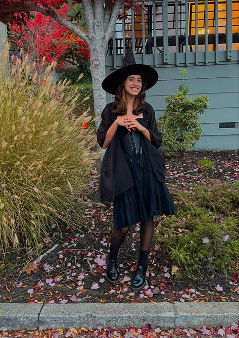 witch witch halloween halloweencostume corsetcostume witchy traditionalwitch Cute Witch Outfits Halloween Costumes, 70s Witch Costume, Thrifted Witch Costume, 90s Witch Costume, Black Dress Witch Costume, Women’s Witch Costume Ideas, Witch And Wizard Couple Costume, Witch Costume Inspiration, Coven Witches Costume