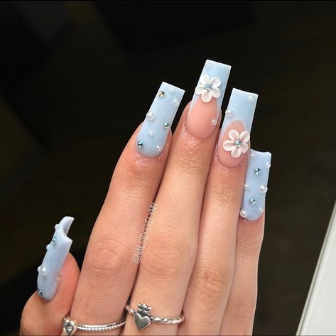 Quince Acrylic Nails, Baby Blue Quince Nails, Light Blue Quince Nails, Light Blue Prom Nails, Maroon Nail Art Designs, Acrylic Nails Light Blue, 15 Nails, Maroon Nail Art, Baby Blue Acrylic Nails