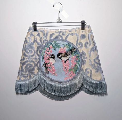 Kristin Mallison | Mini skirt made from a vintage needlepoint tapestry featuring two birds in a flowering tree, with a scalloped fringe hemline. Now available… | Instagram Tapestry Skirt, Flowering Tree, Needlepoint Tapestry, Personal Style Inspiration, Vintage Needlepoint, Lace Curtains, Two Birds, Floral Jacquard, Flowering Trees