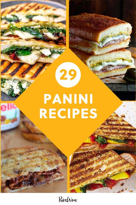 29 Panini Recipes That Will Totally Make You Melt Panini Press Sandwich Recipes, Good Panini Recipes, Homemade Panini Sandwiches, Melted Sandwich Recipes, Hot Panini Sandwiches, Panini Ideas Sandwiches, Easy Toasted Sandwich Recipes, Pannini Italian Recipe, Bacon Panini Sandwiches