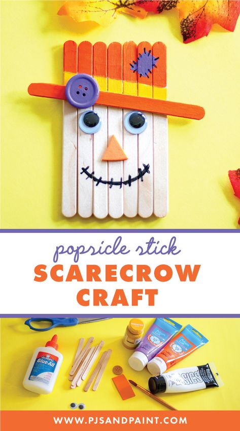 Scarecrow With Popsicle Sticks, Small Popsicle Stick Crafts, Paint Stir Stick Scarecrow, Mummy Popsicle Stick Craft, Popsicle Stick Scarecrow Crafts For Kids, Fall Craft Popsicle Sticks, Craft Stick Scarecrow, Popsicle Sticks Fall Crafts, Fall Crafts Popsicle Sticks