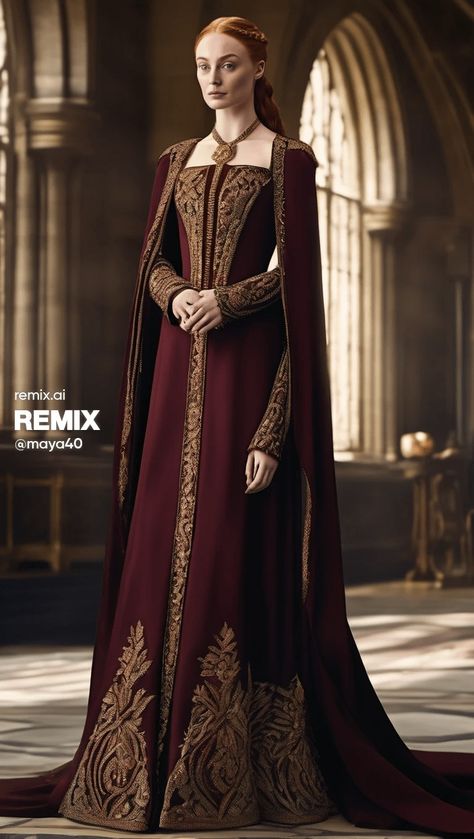 Game Of Thrones Inspired Outfits, Medieval Gowns Royals, Targaryen Gown, Baratheon Dress, Medieval Dress Royal, Queen Outfits Royal Medieval, Medieval Clothing Royal, Lannister Dress, Medieval Dress Aesthetic