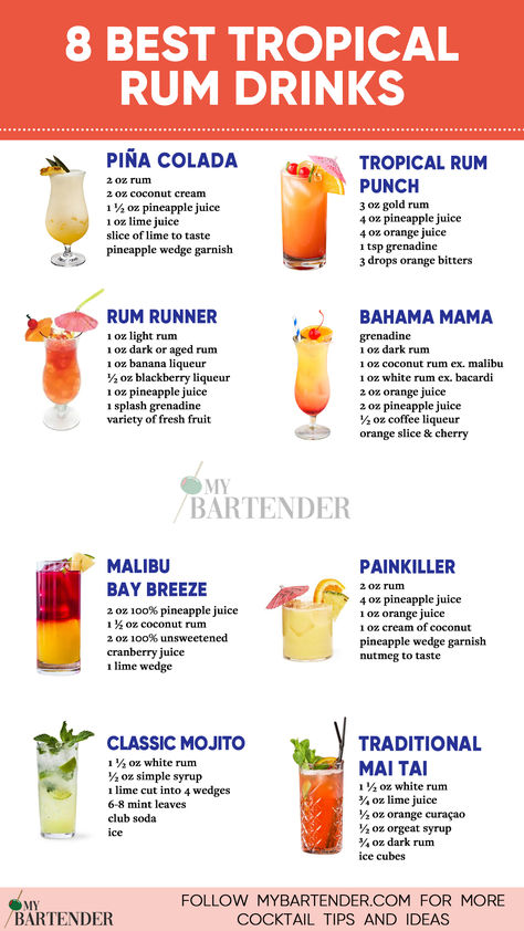 Best Tropical Rum Drinks Dangerous Alcoholic Drinks, Tropical Rum Punch, Mixed Drinks Alcohol Recipes, Malibu Rum Drinks, Coconut Rum Drinks, Rum Drinks Recipes, Bartender Drinks Recipes, Rum Punch Recipes, Fun Drinks Alcohol