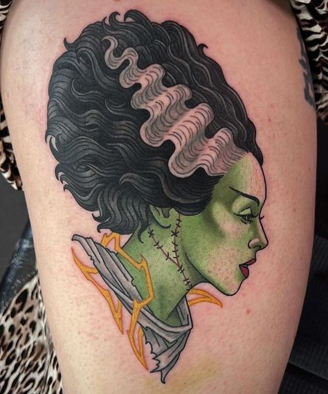 Frankenstein And The Bride Tattoo, Neo Traditional Filler Tattoo Ideas, Frankensteins Bride Tattoo, Neo Traditional Horror Tattoo, Frankenstein Traditional Tattoo, Bride Of Frankenstein Pumpkin, Traditional Frankenstein Tattoo, Frankenstein Bride Tattoo, Bride Of Frankenstein Tattoo Traditional