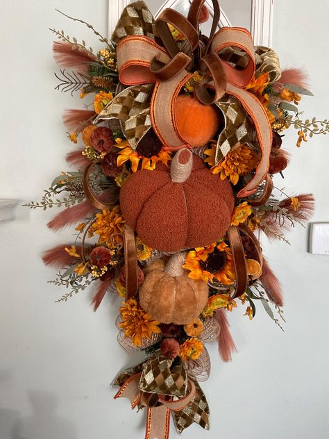 Gorgeous fall swag packed full with pumpkins and flowers!  Perfect for your front door or a mirror inside the house.  Deluxe wired ribbon, textured pumpkins, fall sunflowers and more.  This swag is a showstopper!! Pumpkins And Flowers, Fall Sunflowers, Fall Pumpkin Crafts, Fall Swags, Door Swag, Diy Fall Wreath, Pumpkin Crafts, Pumpkin Fall, Wired Ribbon