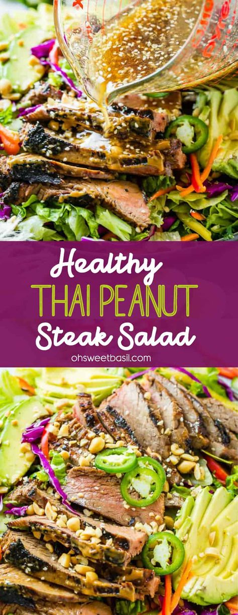 Have you ever had a Healthy Thai Peanut sauce? It's so good, but it doesn't have to be pasta, try this Healthy Thai Peanut Steak Salad for a healthy dinner idea! #healthy #steak #dinner #thai #thaipeanutsauce #peanutsauce #thaifood #thaifoodrecipe #healthydinnerrecipe #recipe #quickandeasydinner #dinnerrecipe #easydinnerrecipe Healthy Steak Dinner, Thai Peanut Salad, Steak Dinner Sides, Steak Salad Recipe, Healthy Steak, Asian Steak, Oh Sweet Basil, Thai Peanut Sauce, Thai Peanut