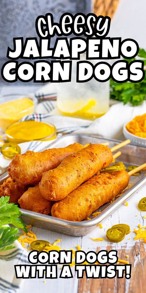 Easy cheesy jalapeno corn dogs Puffed Wheat Squares, Fried Cheese Sticks, Fried Hot Dogs, Homemade Corndogs, Corndog Recipe, Easy Corn, Funnel Cakes, Spicy Corn, Savory Foods