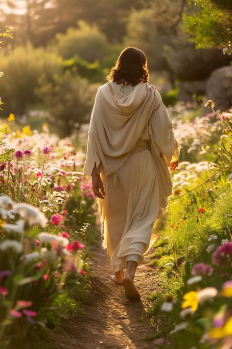 Feel the warmth of the sun and the softness of petals in this captivating Jesus picture. A perfect representation of faith and nature's harmony, as Jesus walks along a flower-lined path, inviting you to follow in His footsteps. If you like the work, please leave a heart and it will soon appear in my Etsy shop. Jesus Digital Art, Jesus Smiling, Flower Path, Worship Art, Jesus Christ Painting, Christian Backgrounds, The Kingdom Of Heaven, Jesus Is Risen, Pictures Of Christ