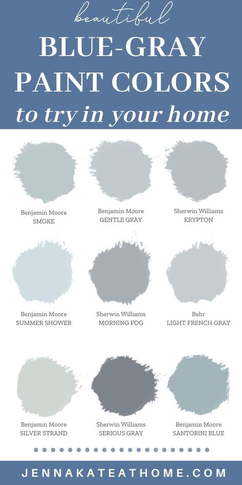 The most beautiful blue gray paint colors for every room in your home, featuring images of each color in real homes and a variety of rooms such as living rooms, kitchens and bedrooms. Updated for 2020. Cottage Living Room Wall Colours, Benjamin Moore Relaxing Paint Colors, Bedroom Paint Colors Blue Grey, Kitchen Blue Paint Colors, Lait Grey Paint, Seattle Sherwin Williams Paint, Blue Painted Board And Batten, Best Light Gray Paint Color Living Room, Light Country Living Room