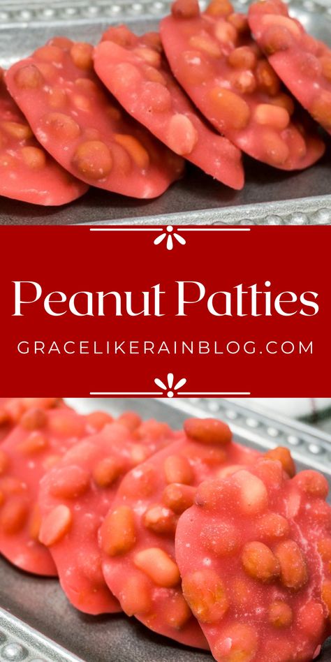 Peanut Patties are an old-fashioned southern treat that was often found at roadside stands and gas stations or fresh from your grandmother's kitchen. Their classic red color makes them a standout on your holiday sweets table. | Old fashioned peanut patties | red peanut patties | gas station peanut patties | peanut recipes | peanut candy | red peanut candy | chewy peanut candy | Christmas candy with peanuts | peanut treats red Red Peanut Patties Recipe, Pink Peanut Patties Recipe, Easy Peanut Patties Recipe, Peanut Patty Candy Recipe, Peanut Candy Recipes, Peanut Pralines, Peanut Patties Recipe, Peanut Recipes Snacks, Old Fashioned Candy Recipes