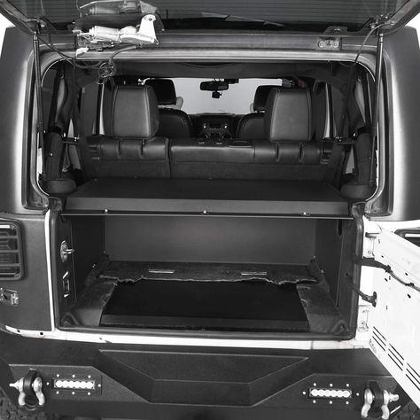 Trunk Cargo Cover for 2007-2018 Jeep Wrangler JK 4-Door, work with or without tops; Large storage area is secured shut when the rear vehicle door is locked; Lid easily hinges open for easy access when the rear vehicle door is opened Deck Enclosures, Secret Box, Cargo Cover, Jeep Stuff, Storage Area, Tonneau Cover, Large Storage, Car Design, Jeep Wrangler