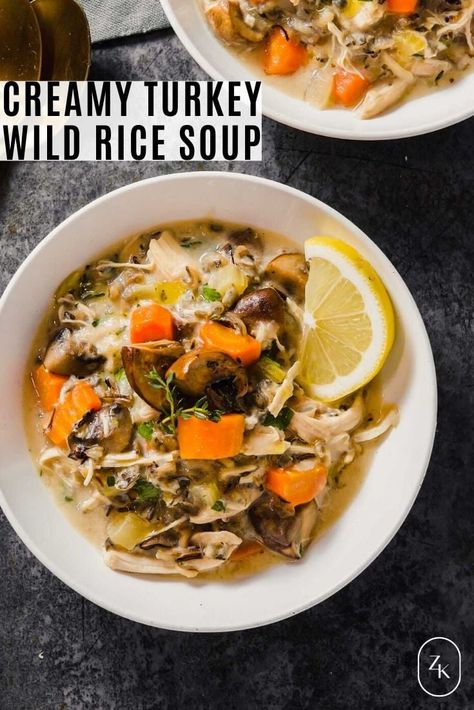 This Slow Cooker Turkey Wild Rice Stew is as creamy as it is delicious. Packed with layers of flavor from fresh herbs and lemon to Parmesan and seared mushrooms, a bowl of this and you’ll be happily satisfied. | Zestful Kitchen #slowcookersoup #wildricesoup #leftoverturkeyrecipe #turkeyleftovers Turkey And Wild Rice Soup, Lemon Turkey, Turkey And Wild Rice, Mushroom Wild Rice, Turkey Mushroom, Turkey Wild Rice Soup, Crock Pot Turkey, Rice Stew, Turkey Stew