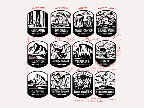 National Parks skech by Aleksandar Savic on Dribbble Yellowstone National Park Tattoo Ideas, Yellowstone National Park Tattoo, National Parks Tattoo Ideas, National Park Cricut, National Parks Tattoo, National Park Logo Tattoo, National Park Tattoo Ideas, National Parks Drawing Simple, Zion National Park Tattoo