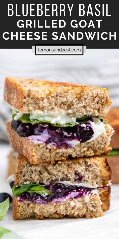 Nothing against the classic sandwich, but this Blueberry Basil Goat Cheese Grilled Cheese Sandwich is a unique variation of everyone's favorite--fresh basil, juicy blueberries and goat cheese with a hint of honey--delicious! Blueberry Goat Cheese Sandwich, Honey Goat Cheese Grilled Cheese, Blueberry Goat Cheese Grilled Cheese, Goat Cheese Chicken Sandwich, Fruit And Cheese Sandwich, Goat Cheese Tea Sandwiches, Goat Cheese And Honey Sandwich, Grilled Cheese With Fruit, Goat Grilled Cheese