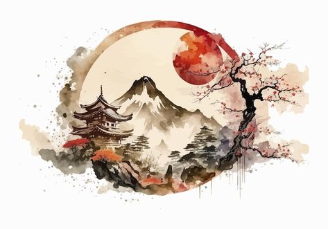 Colorful watercolor illustration made on... | Premium Vector #Freepik #vector #oriental-painting #japanese-painting #chinese-painting #chinese-calligraphy Vector Painting, Painting Mountains, Travel Asia, Colorful Watercolor, World Travel, Watercolor Illustration, Premium Vector, Tourism, Vector Illustration