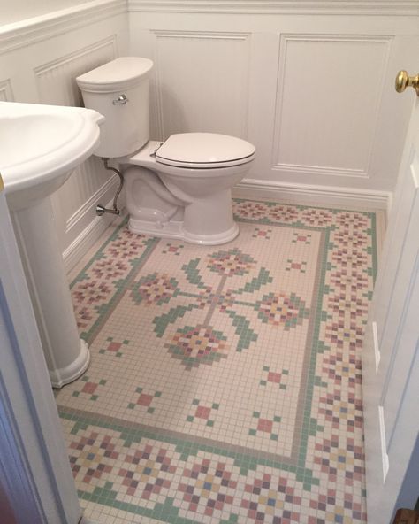 Bathroom Dado Tile, Stamped Tile Floor, Pretty Tile Floor, Quilt Tile Floor Bathroom, Vintage Mosaic Tile Floor, Cottage Tile Floor, Small Tile Floor, Laundry Room Floor Plans, Turn Of The Century Homes