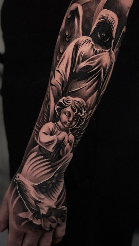 Angel Sleeve Tattoo, Tattoo Perna, Arm Tattoos For Guys Forearm, Black Men Tattoos, Best Sleeve Tattoos, Arm Tattoos, Arm Tattoos For Guys, Dope Tattoos, Arm Sleeve