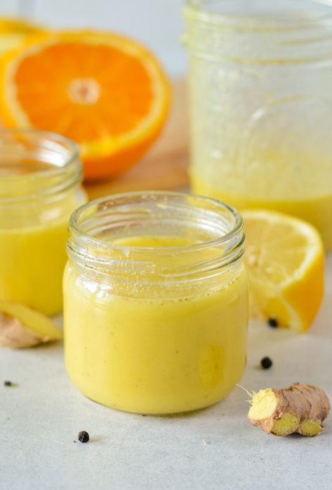 Homemade Lemon Ginger Turmeric Shot Turmeric Shot Recipes, Homemade Ginger Shots, Lemon Ginger Turmeric Shots, Ginger Turmeric Shot Recipe, Turmeric Energy Balls, Ginger Turmeric Shots, Iron Rich Smoothie, Ginger Drinks, Garlic Shoots