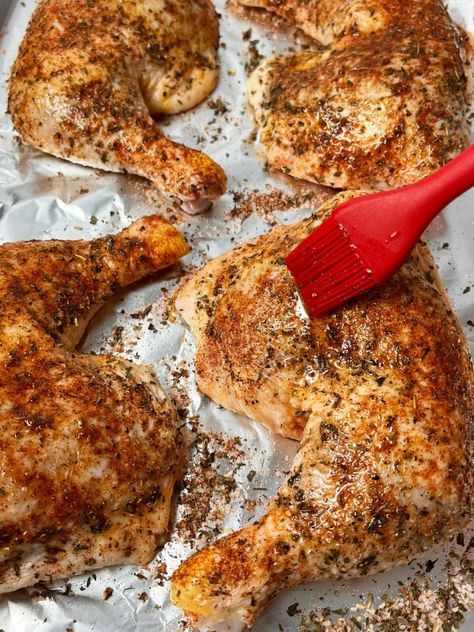 Ready for a hassle-free dinner tonight? 🍽️ Don't worry, we've got you covered with this easy recipe for oven baked chicken quarters! 🍗 Simple, tasty, and ready in no time – your taste buds will thank you! 😉 Save this pin now and enjoy a flavorful meal later. 😋 Chicken Quarters In The Oven Crispy, Chicken Quarter Recipes Skillet, Chicken Leg Quarters Recipes Crock Pot, Chicken Quarters Recipes Oven, Oven Leg Quarters, Baked Chicken Halves Recipes Oven, Backed Chicken Leg Quarters, Roasted Quarter Chicken, Bake Chicken Leg Quarters Oven