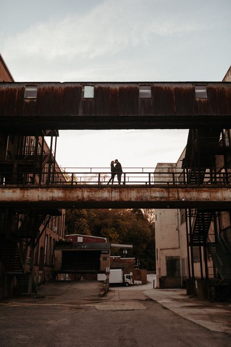 Industrial Style Engagement Photos, Industrial Engagement Photoshoot, Industrial Photoshoot Ideas, Urban Style Photoshoot, Industrial Wedding Photos, Studio Warehouse, Moody Industrial, Edgy Photography, Fall Evening