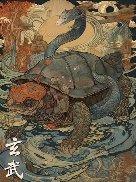 Turtle Illustration, Chinese Dragon Art, Lion Sketch, Japanese Poster Design, Dragon Artwork Fantasy, Chinese Mythology, Creature Artwork, Japanese Artwork, Turtle Art