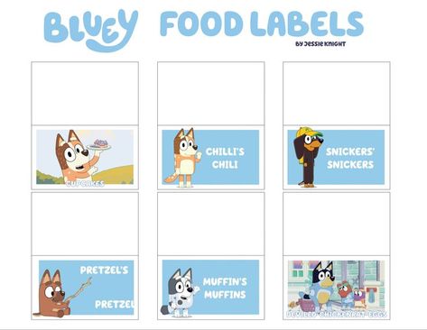 Bluey party food labels in 2022 | 2nd birthday party themes, Boy birthday party themes, Birthday party themes Bluey Party Labels, Bluey Party Ideas Printable, Free Bluey Birthday Printables, Bluey Party Food Labels Printable, Bluey Birthday Party Printables, Bluey Birthday Food Labels, Bluey Birthday Party Foods, Bluey Snack Ideas, Bluey Birthday Party Food Labels