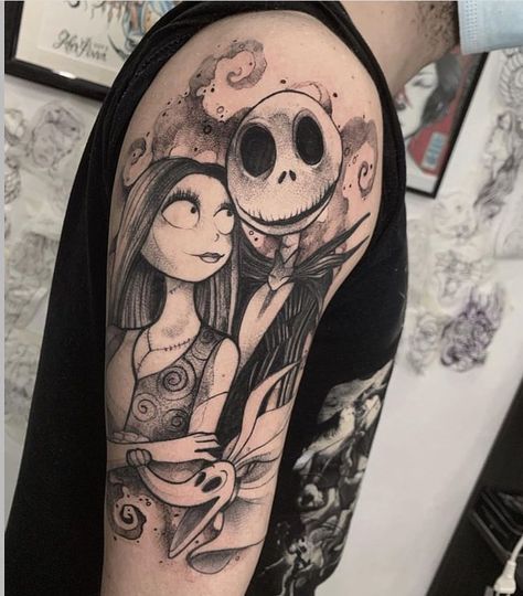 Jack And Sally Forearm Tattoo, Jack N Sally Tattoos, Jack And Sally Tattoo Design, Jack Skellington Tattoo Ideas, Jack The Skeleton Tattoos, Nightmare Before Christmas Tattoo Design, Tim Burton Tattoo Sleeve Ideas, Tattoos Spooky, Jack And Sally Tattoo