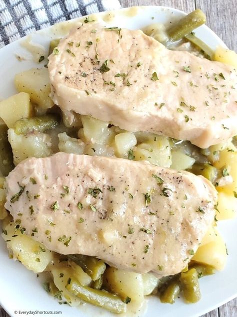 Slow Cooker Pork Chops with Potatoes and Green Beans - Everyday Shortcuts Pork Chops With Potatoes, Crockpot Green Beans, Freezer Prep, Ranch Pork Chops Crock Pot, Pork Tenderloins, Beans In Crockpot, Pork Crockpot Recipes, Pork Chop Recipes Crockpot, Potatoes And Green Beans