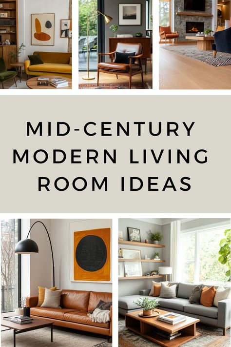 Collage of mid-century modern living room designs with stylish furniture and decor. Mid Century Modern Living Room Leather Couch, Mid Century Modern Family Photo Wall, Mid Century Modern Photo Wall, Mid Century Modern Living Room Decor Interior Design, Home Decor Mid Century Modern, Mid Century Modern Bookshelf Styling, Mid Century Modern Condo, Post Modern Living Room, Mid Century Living Room Ideas