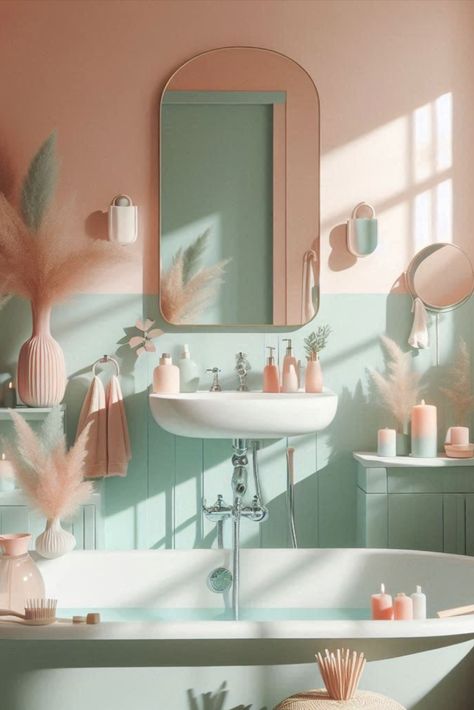 Create a soft and dreamy atmosphere with this harmonious mint and peach palette. Subtle colors for a gentle bathroom ambiance. #PastelBathroom #MintAndPeach Mint Interior Design, Pastel Bathroom, Color Bathroom Design, Peach Bathroom, Color Bathroom, Colorful Bathroom, Dreamy Atmosphere, Bathroom Ambiance, Peach Palette