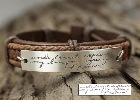 Beautiful keepsake bracelet engraved with your or loved ones signature, or handwriting. words cannot express my love for you Mama  The bracelet as pictured just example of what I create for you. Can be also engraved with your childrens artwork, or writing to create memories that last for long time. Create your own one-of-a-kind cuff bracelet for men or women, feature an actual handwriting on silver/ gold/ rose gold band adhered with jump rings. Hope you like the design. *****HOW TO SEND YOUR ... Leather Engraved, Handwriting Bracelet, Coordinates Bracelet, Leather Engraving, Signature Bracelet, Handwriting Jewelry, Engraved Bracelet, Personalized Bracelets, Rose Gold Bracelet