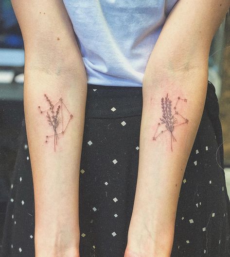 Jay 🖤⚡️ on Instagram: “Leo & Libra ✨ thank you so much @bethan.diruzza for choosing me to do your first tattoos! 🖤✨ . . #leo #libra #constellationtattoo #lavender…” Constellation Balance, Libra Zodiac Tattoos, First Tattoos, Libra Constellation Tattoo, Leo Constellation Tattoo, Taurus Constellation Tattoo, Art Inspired Tattoos, Hp Tattoo, Horoscope Tattoos