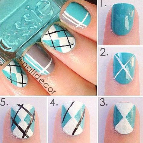 15 + Easy & Step By Step New Nail Art Tutorials For Beginners & Learners 2014 | Fabulous Nail Art Designs Argyle Nails, Unghie Nail Art, Different Nail Designs, Plaid Nails, Blue Nail, Nail Swag, New Nail Art, Get Nails, Cute Nail Designs