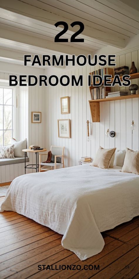 A warm and inviting farmhouse bedroom featuring a wood-paneled ceiling, a wooden bed frame, a vintage dresser, and an assortment of natural textures and rustic decor that create a calming, serene ambiance. White Shiplap Bedroom Ideas, Farmhouse Bedroom With Carpet, Italian Farmhouse Bedroom, Shiplap Bedroom Ideas, Old Farmhouse Bedroom, Shiplap Bedroom, Maine Cabin, Farmhouse Bedrooms, Farmhouse Bedroom Ideas