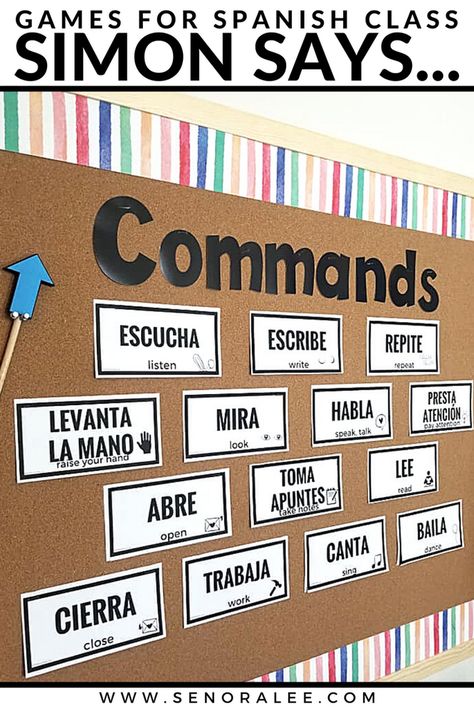 Need students to follow your commands in Spanish class? Play a game of Simon Says! Fun Spanish activities to support your command unit. Find resources you need to support your Spanish commands unit! Students love "Simon Says." Introduce this game at the beginning of the year when learning or reviewing class commands. Post a command word wall on your bulletin board to support learners. Use these basic commands when giving daily classroom instructions. Spanish Class For Kindergarten, Prek Spanish Activities, Spanish Tutoring Ideas, High School Spanish Classroom Activities, Spanish Project Ideas, Spanish Class Aesthetic, Spanish Activities For Kids, Teaching Spanish To Kids, Elementary Spanish Classroom