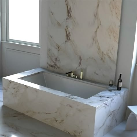 Master Bath Tub With Window, Drop In Master Bathtub, Marble Wrapped Tub, Quartz Bathtub Surround, Modern Tub Surround, Bathroom Drop In Tub, Built In Tub Master Bath, Undermount Bathtub, Drop In Tub Ideas