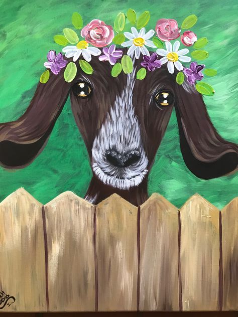 Easy Goat Paintings On Canvas, Goat Paintings Easy, March Painting Ideas, Goat Coop, 4h Decorations, Painting On Pots, 30 Day Painting Challenge, Creative Canvas Ideas, Ornament Painting Ideas